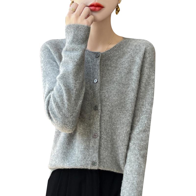 Damski kardigan płaszcz ze 100% czystej wełny z okrągłym dekoltem - Luźny sweter dzianinowy ściegiem podwiązkowym