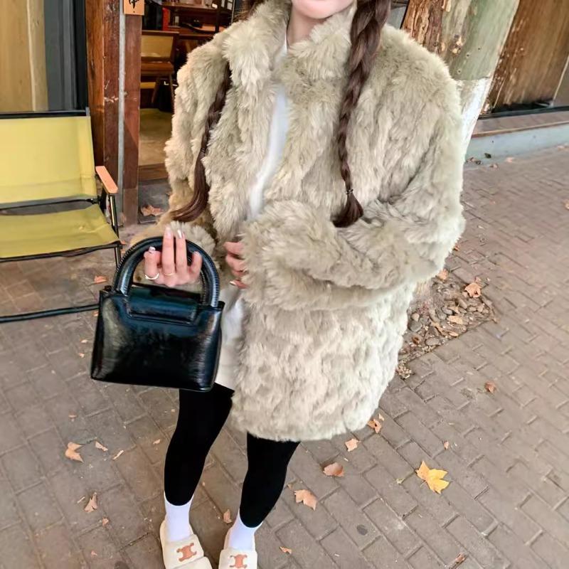 Winter stand-up collar lamb wool coat women's fashion medium and long fur loose casual plush clothes