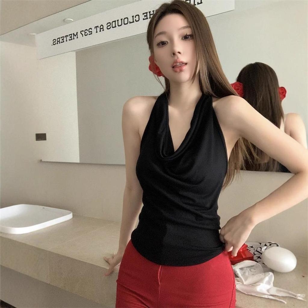 Spicy Girl Weißes Neckholder-Tanktop mit Wasserfallausschnitt - Damen Sommer Ärmelloses Rückenfreies Top.