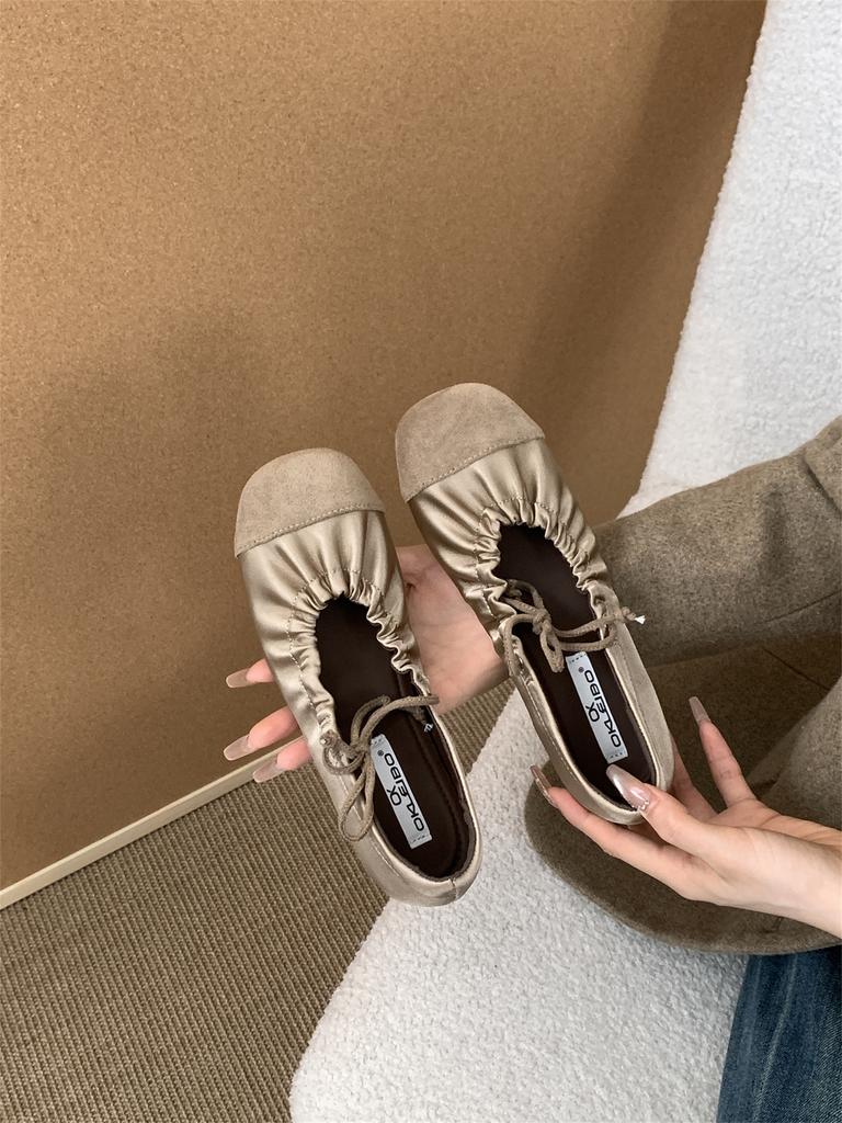 French retro pleated lace-up flat Mary Jane shoes shallow mouth single shoes women's evening wind round head one pedal ballet shoes