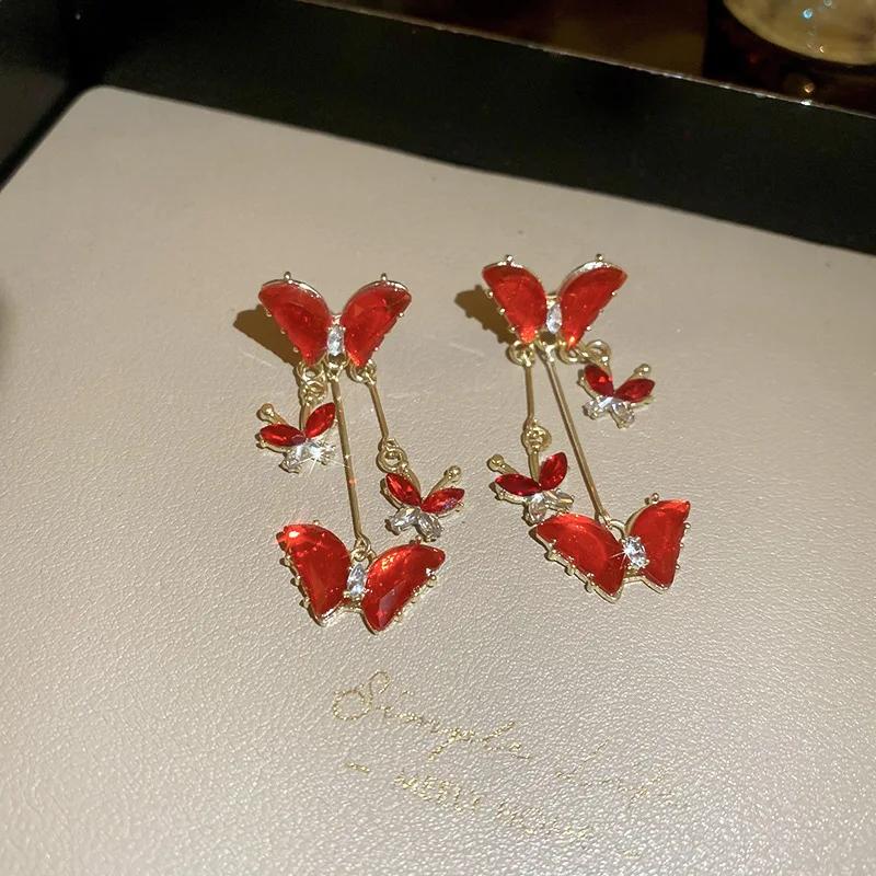 Red Crystal Butterfly Tassel Pendant Earrings for Women Able Personalized Daily Accessory Party Jewelry Birthday Gifts