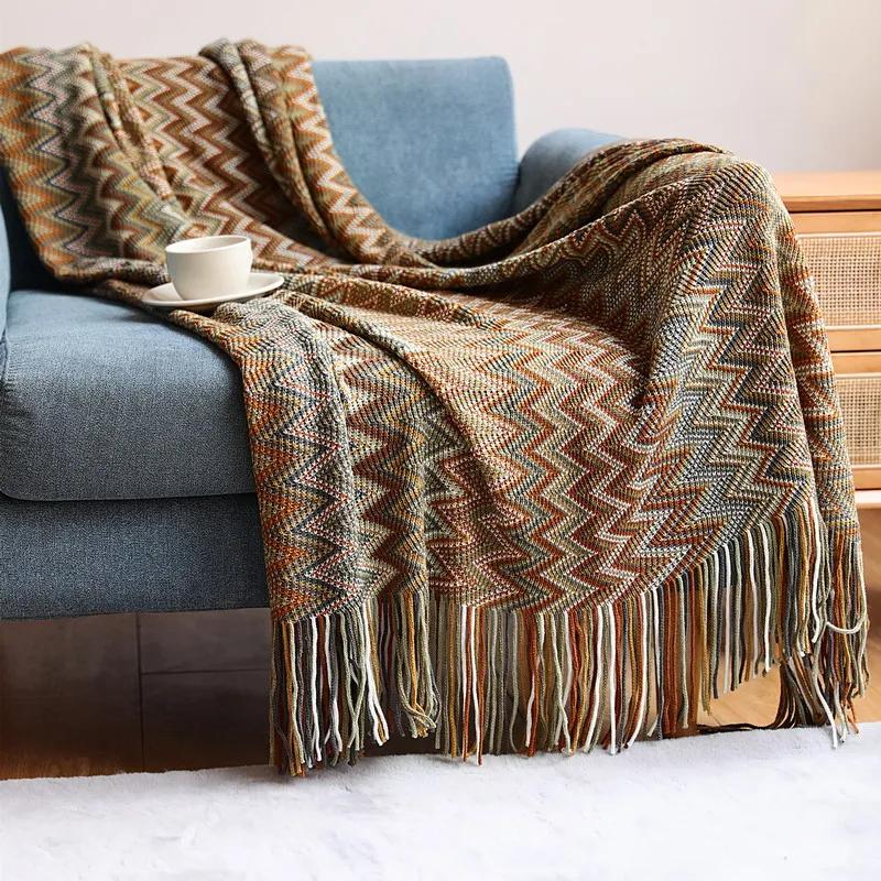 Boho Woven Rust Red Throw Blanket With Tassels Soft Lightweight Plaid Blanket For Couch Bed Sofa Decorative Knitted Soft Blanket
