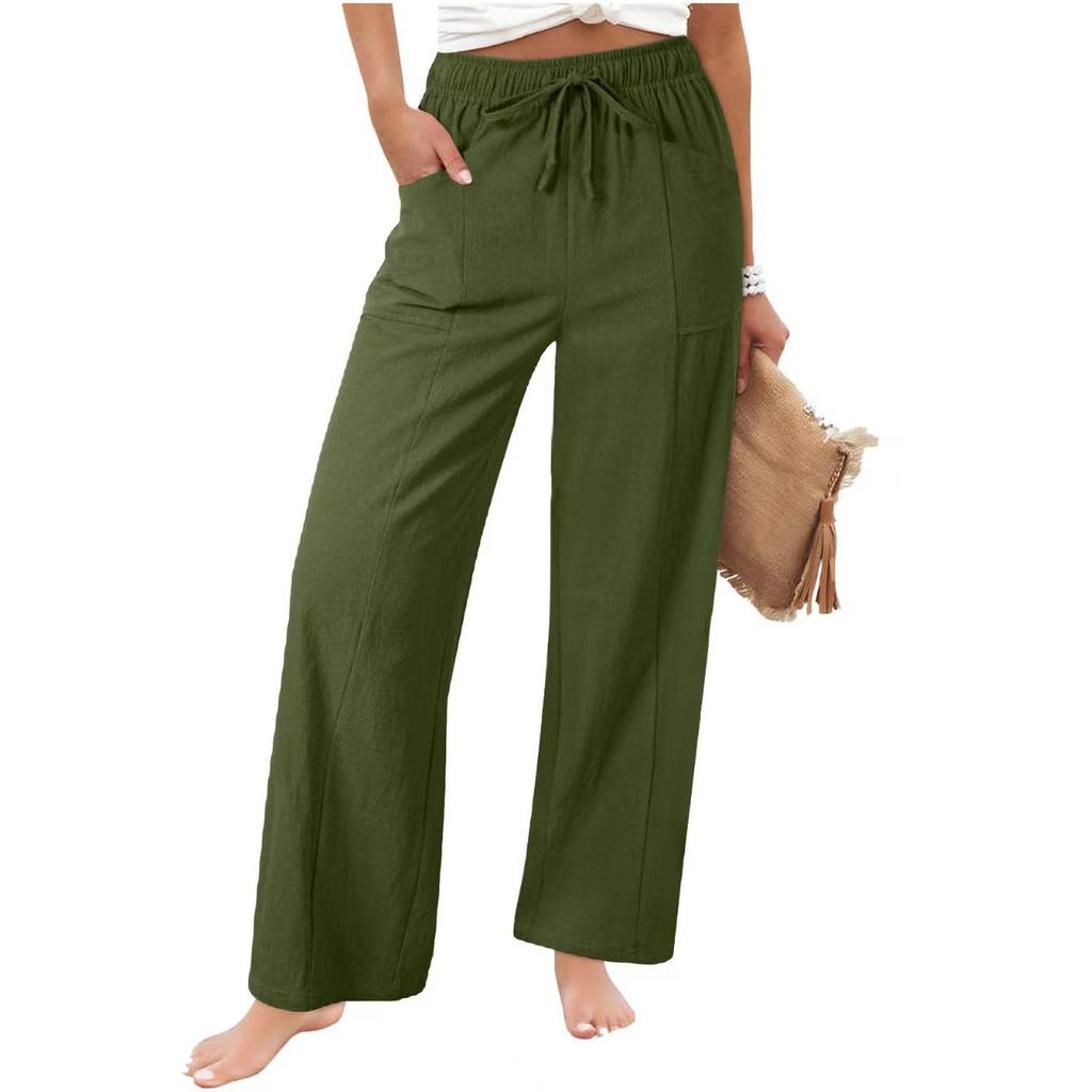Women's Linen Cotton Drawstring Elastic Waist Wide Leg Pants Casual Loose Straight Leg Trousers with Pockets for Summer