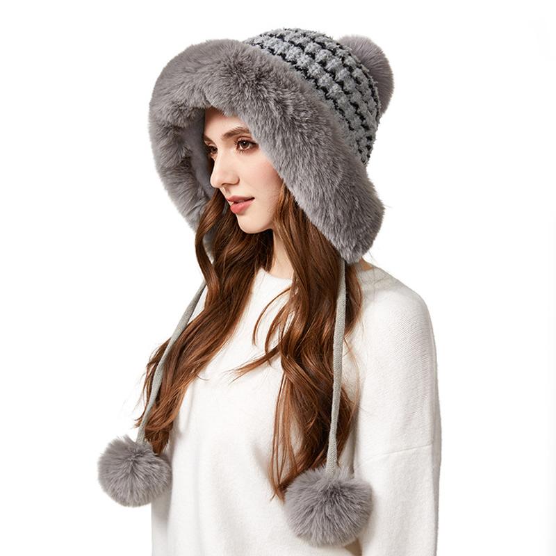 Knitted Hat Winter Big Hair Collar Thick Wool Hat Women's Three Hair Ball Warm Hat
