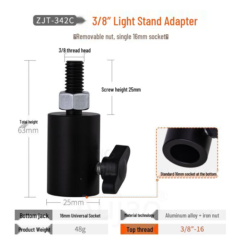 TEXIAN ZJT-342C 3/8 Light Stand Adapter for Studio & Camera Tripods