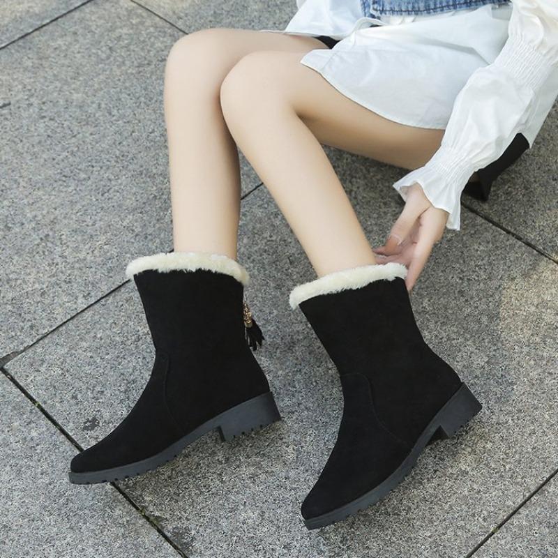 Winter rough bottom velvet warm medium boots women's wish fashion simple suede fringed snow boots