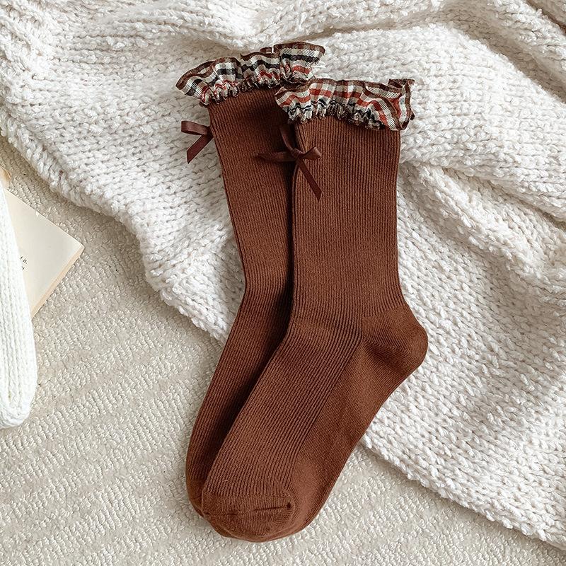 

1 Pair Retro Plaid Crew Ruffle Socks for Girls Autumn Spring Thick Warm Japanese School Lace Bow Socks Soft Cotton Fashion Sock One Size