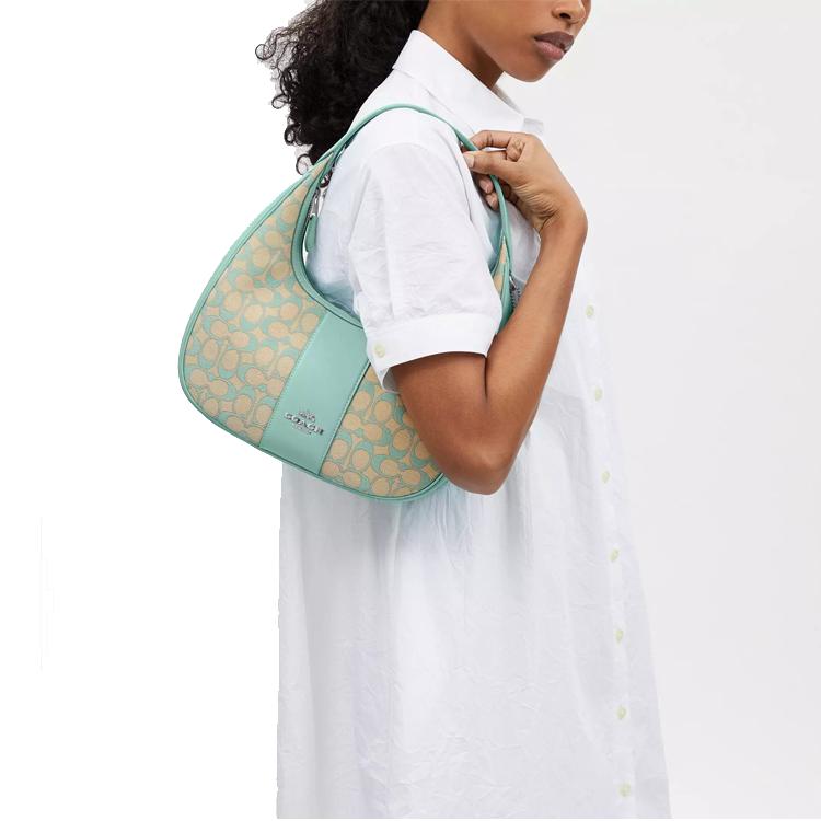 Coach Carmen 29 Signature Jacquard Zip Closure Smooth Leather Tote Shoulder Bag Large Women bags Silver Faded-Blue CT765-SVVSW