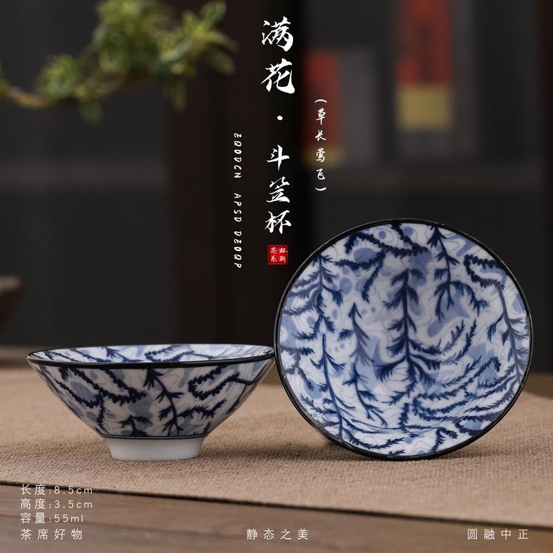 1 Stück chinesische Teetasse aus blauem und weißem Porzellan, exquisite handbemalte Teeschale mit Vogelmotiv, Bambushut, Meister-Meditationstasse, Teeservice, 55 ml