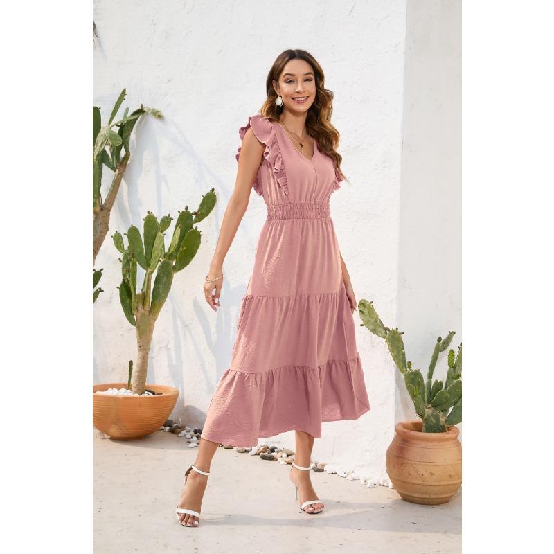 V-Ausschnitt Hohe Taille Langes Kleid Lässig Urlaubsreise