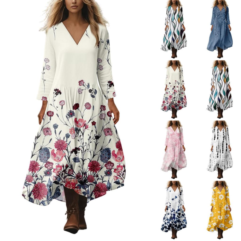 Kvinners avslappede og moteriktige rundhals langermet midilange kjole