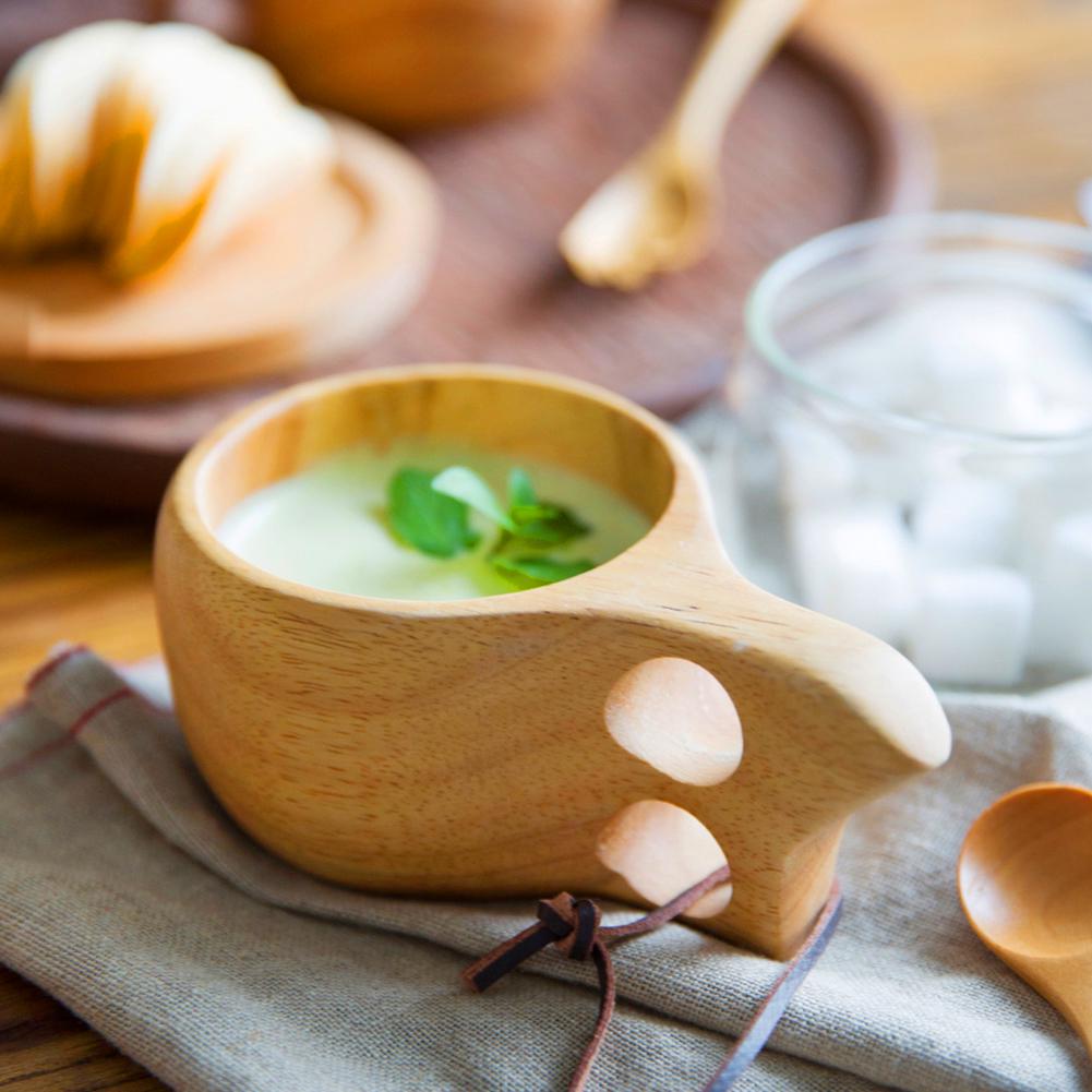 Handmade Rubber Wood Drinking Cup with 2 Hole Grips for Coffee Tea Milk Water Drinking Outdoor Backpack Camping Travel Use