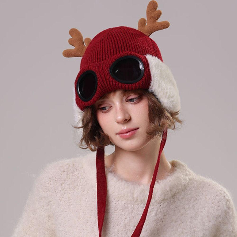 Solid Color Reindeer Antler Hat Warm Plush Ear Flaps Backpack Accessories