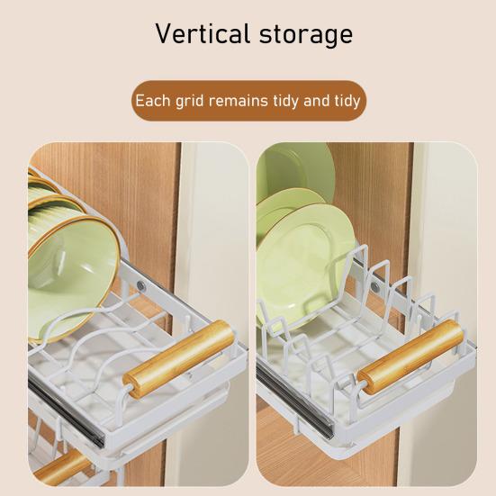 Dish Storage Rack Drawer Type Carbon Steel Frame Wooden Handle Organizer Rational Use of Space Drying Rack for Kitchen