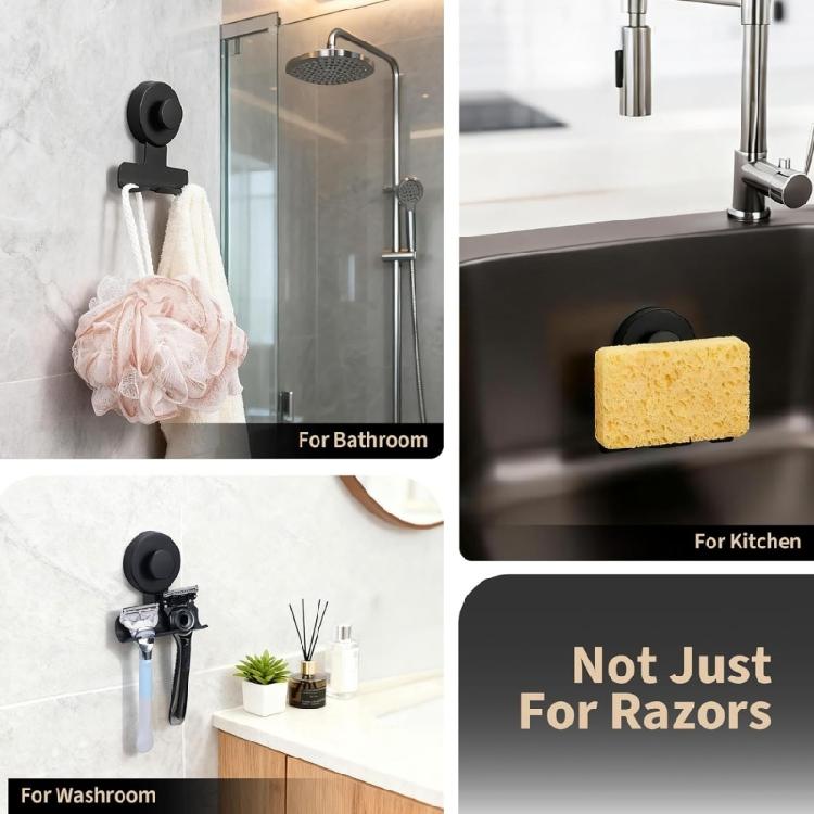 Stainless Steel Shower Shelf With Multi Hook Designs Space Saving Suction Cup Razors and Shaver Holder