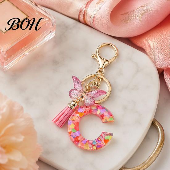Compact Keychain Pink Series Pendant, Sequins Heart Initial Letter Charm Key Chain with Durable Butterfly Tassel Design, A-Z Holder for Bag