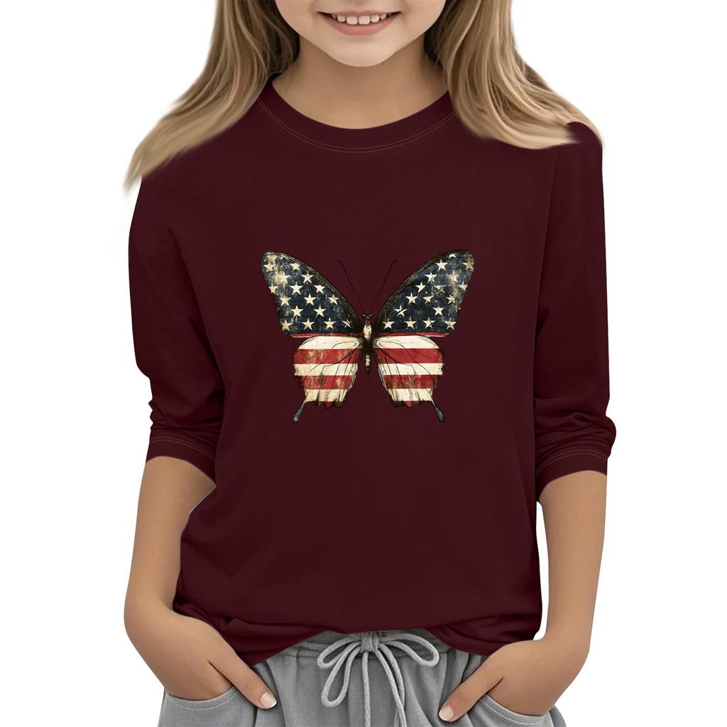 Children's Round-Neck Independence Day Three-Quarter Sleeve Casual T-shirt Top