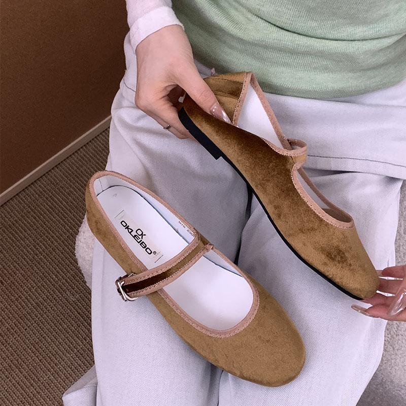Fashion Soft Fashion Flock Women Flats Mary Janes Lolita Shoes Round Toe Female Buckle Strap Footwear Shallow Ladies Ballet Flats Shoes