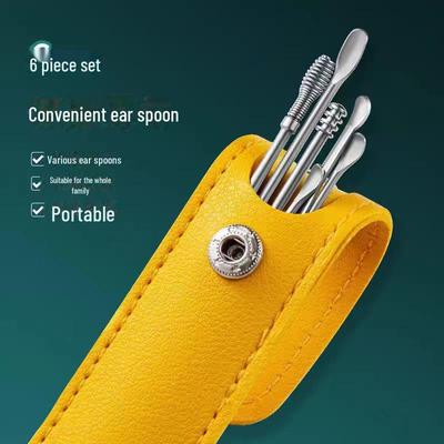 Stainless Steel Ear Pick Set with Leather Case - Portable 6-Piece Ear Cleaner Tool