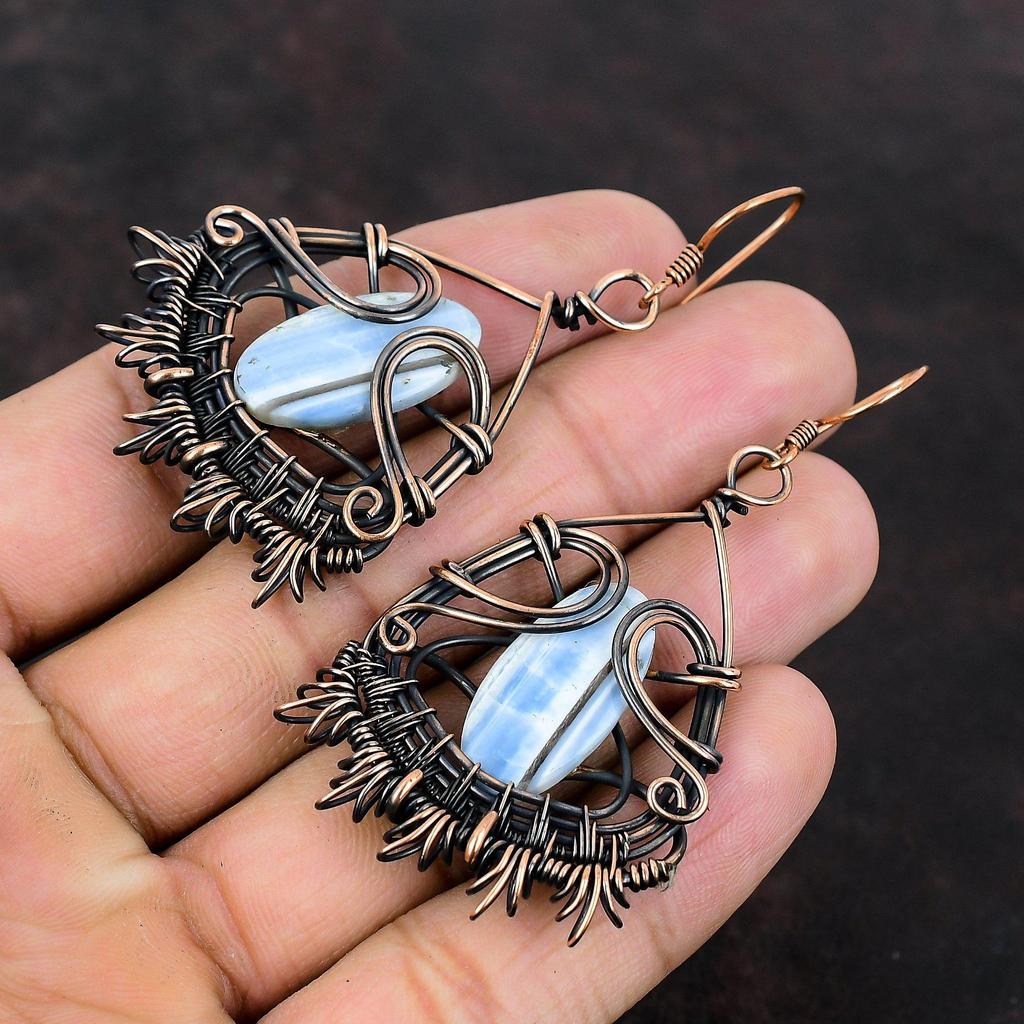 Owyhee Blue Opal Copper Earring Copper Wire Wrapped Earring Unique Jewelry Dainty Gemstone Earrings Handmade Earring Copper Jewelry For Gift