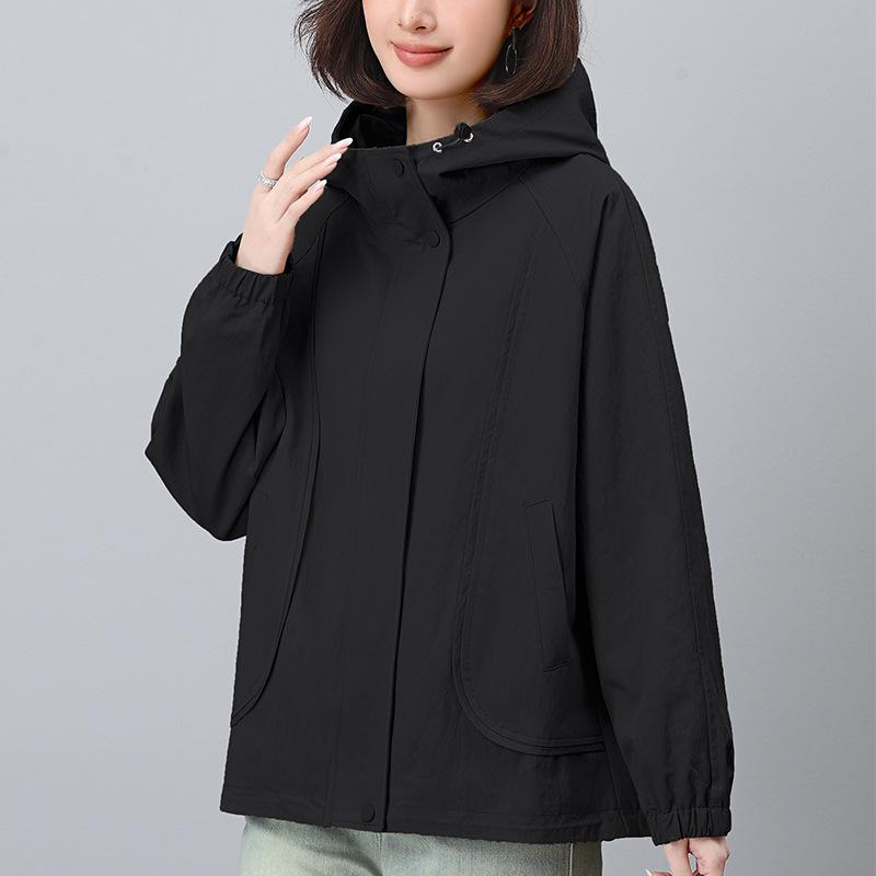 

Женская куртка с капюшоном на весну и осень 2024 года: Модный, Повседневный, Свободный крой для среднего и пожилого возраста L (Recommended 100-120 jin) чёрный