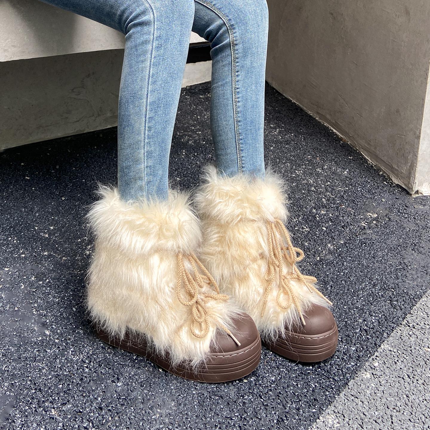 

Leather warm non-slip snow boots women s 2025 autumn and winter lace-up plush big boots thickened velvet cotton shoes 40 белый