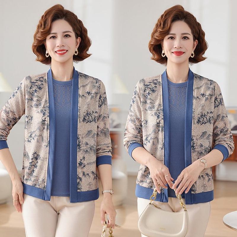 Stylish Knitted Cardigan & T-shirt Set for Middle-aged and Elderly Women - Spring/Autumn Belly-covering Design
