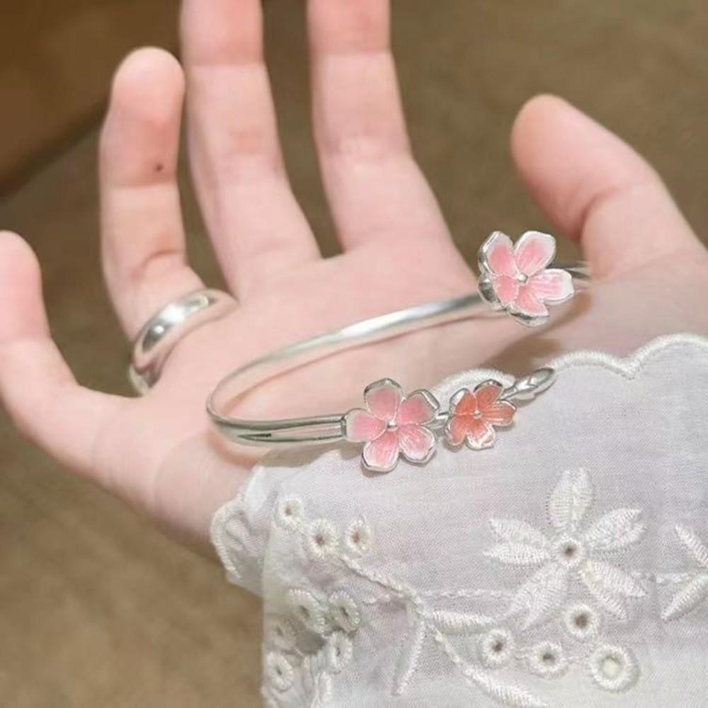 Sweet Pink Open Adjustable Ring Drop Oil Design Flower Bracelet Unique Cherry Blossom Ring Gift