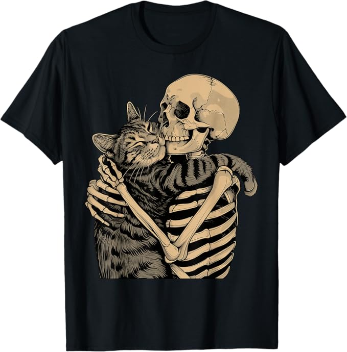 Skeleton Hugging Cat Halloween Cat Lover Cat Mom Dad T-Shirt Men Women Fashion Vintage Humor Short Sleeve Tops Graphic T Shirts M