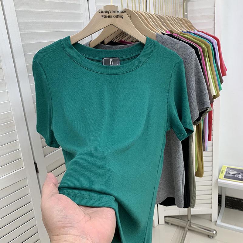 

Европейская женская футболка больших размеров зеленого цвета в рубчик с коротким рукавом M (40-45 kg)