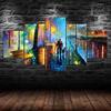 Abstract Couple Walking Rainy Night Scenery Painting 5 Piece Five Panel Canvas Print Modern Wall Art Poster Home Decor Gift For Him Her