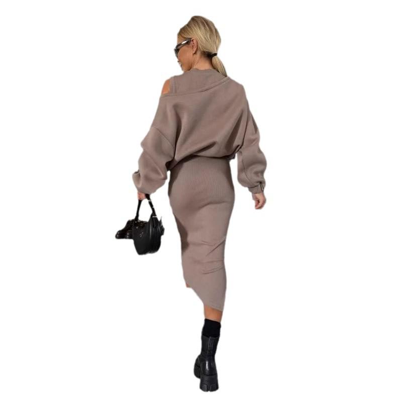 Damen Lockeres Einseitiges Fledermausärmel-Sweatshirt und Langkleid-Set