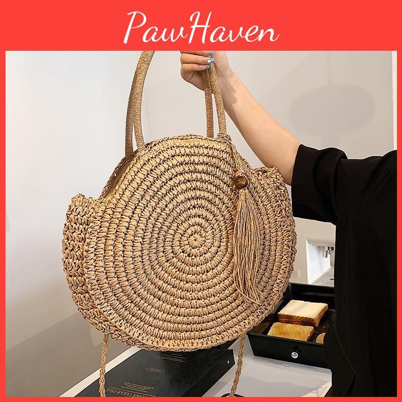 Beach Summer Yogodlns Bag Round Straw Bags For Women Rattan Shoulder Bag Travel Handmade Woven Large Capacity Handbag Female Shopper Tote