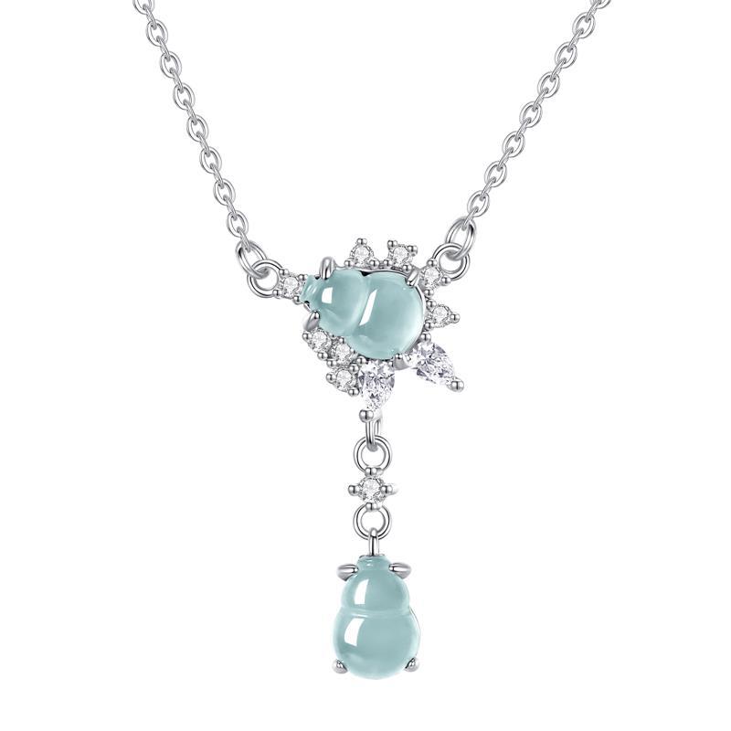 Natural dangerous material jadeite double gourd necklace women's S925 sterling silver inlaid temperament collarbone chain women's fashion jewelry gift