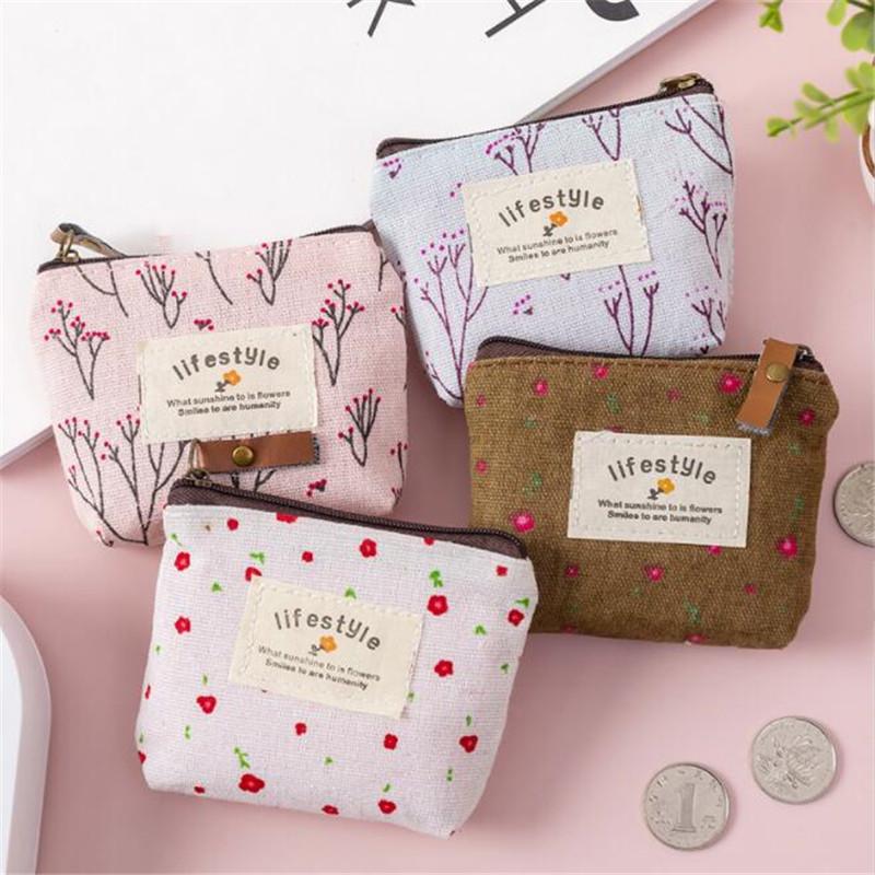Fashion Flower Pattern Coin Purses Small Fresh Canvas Coin Wallet Lady Girls Earphone Coin Key Money Storage Bag Zipper Pouch