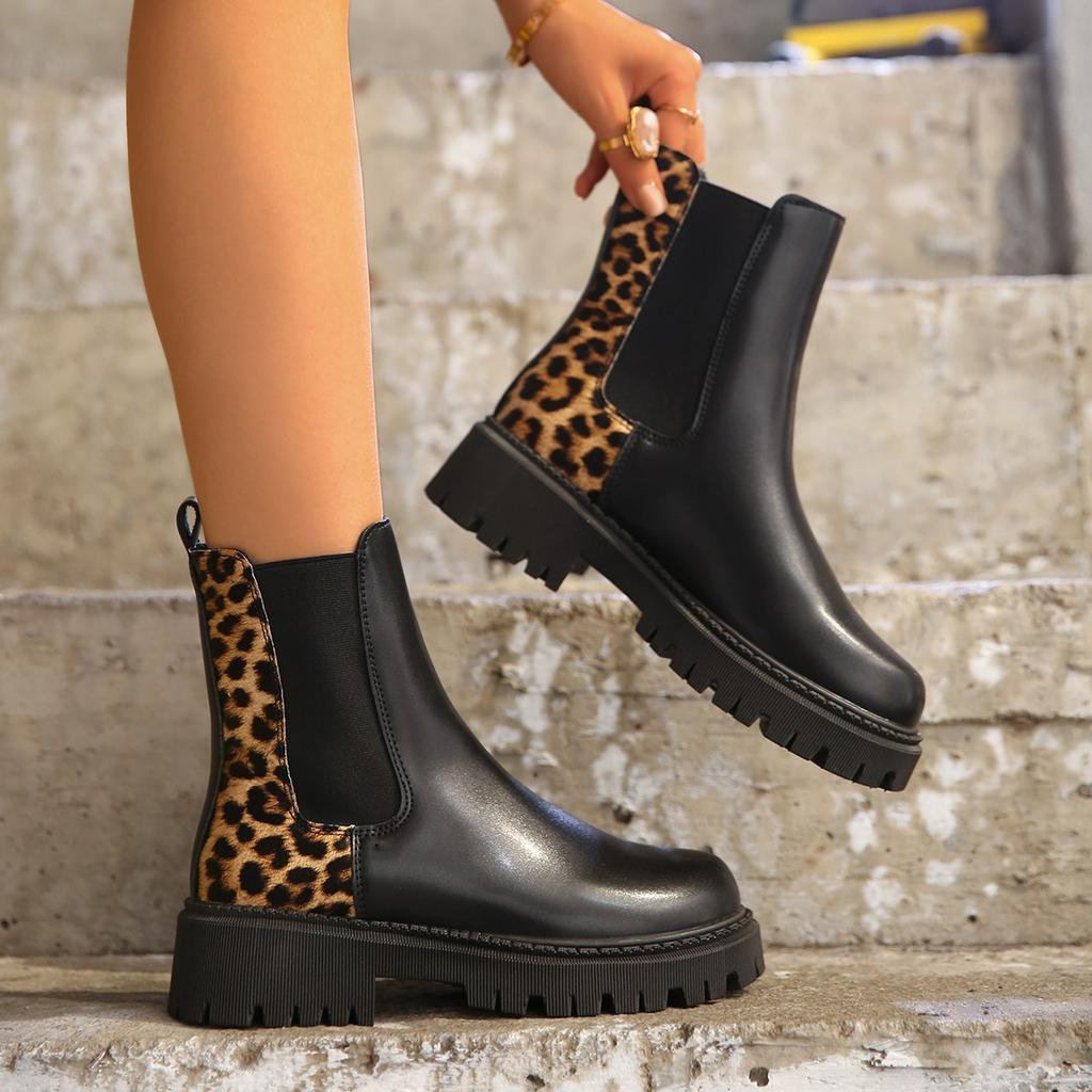 Women's Shoes 2025 New Autumn Round Head French Coarse Heel Splicing Women's Short Boots Casual Boots