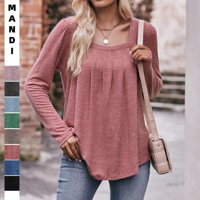 Women's Autumn and Winter New Style Casual Puff Sleeve Square Collar Press-pleated Long-sleeved T-shirt Pullover