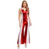 Womens Disco Jumpsuit 70s 80s Style Lapel V Neck Sleeveless Metallic Shiny Flared Pants Romper