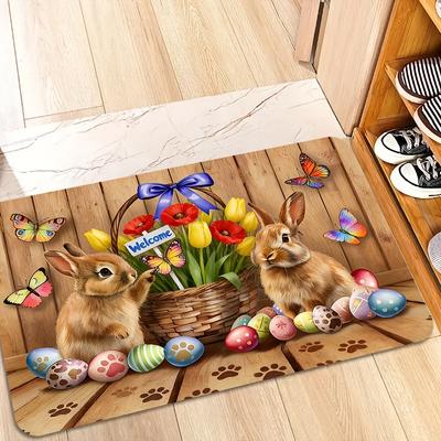 VIKAMA Easter Bunny & Egg Welcome Doormat, Non-Slip Washable Entryway Rug, Cute Rabbit Floral Print Floor Mat for Front Door Rug