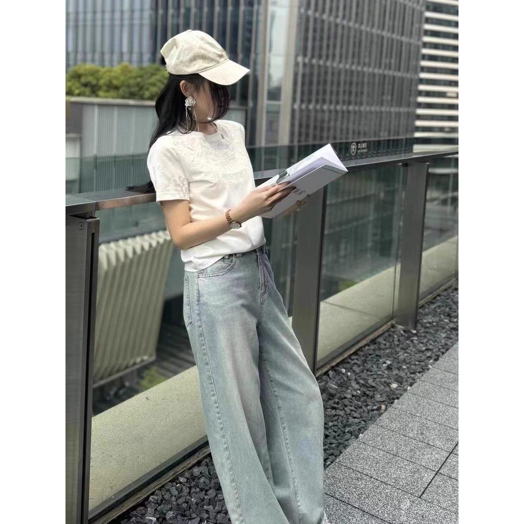 European Spring/Summer 2025 Chic Embroidered Slim Fit Women's Short Sleeve Textured Top