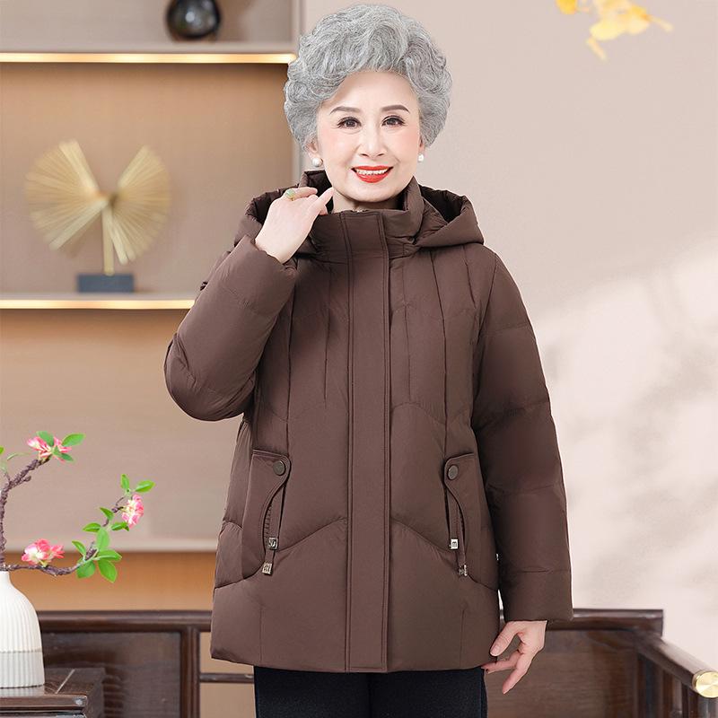 Hooded White Duck Down Jacket for Middle-Aged and Elderly Women - Short, Stylish, Thick Winter Coat for Mothers & Grandmothers