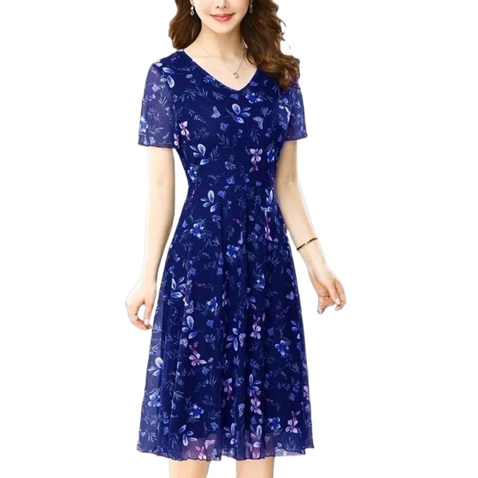 Women's Plus Size Floral Chiffon Summer Dress 2024 – Short Sleeve, Over-the-Knee, Middle-Aged Mother's Style