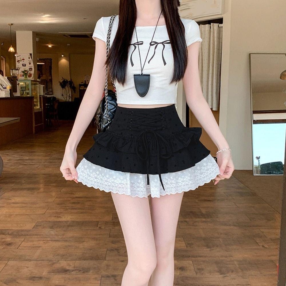Lace Short Puff Skirt Sweet A-line Cake Shirt Short Fashion Mini Cake Skirt  Streetwear