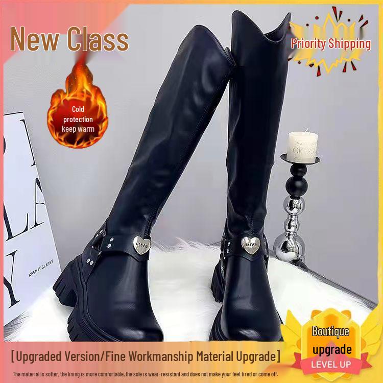 European Station Fleece-Lined Chunky Heel Cotton Knight Boots for Women – Autumn/Winter Korean British Style Slimming High Boots