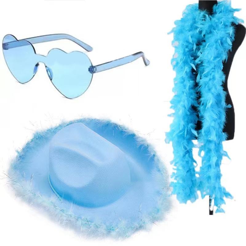 Pink Cowboy Hats with Heart Shaped Glasses Long Feather Boas Western Cowgirl Hat Halloween Costume Accessories for Women