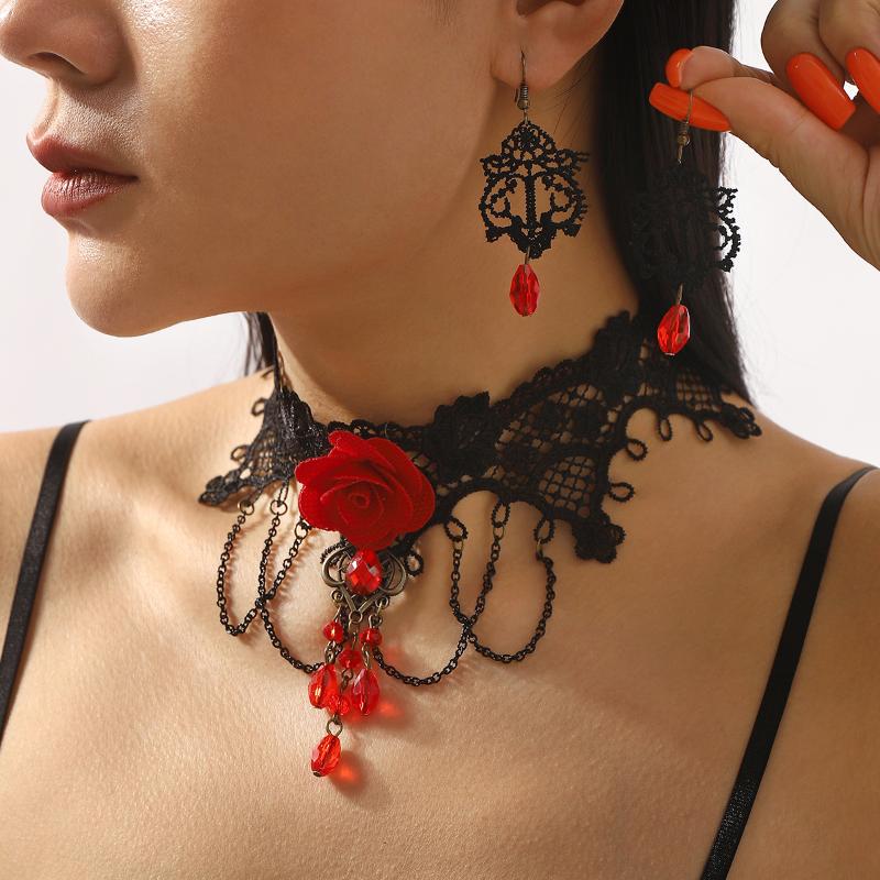 Lace Spider Web Design Necklace Earrings Set Retro Gothic Style Black Lace Choker Necklace Halloween Jewelry