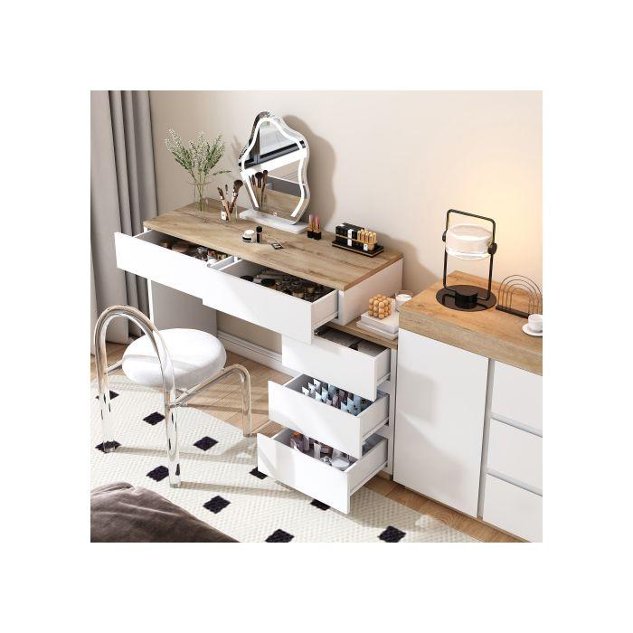 Bureau Avec 5 Tiroirs, Commode, Rangement, Pour Chambre À Coucher, Panneau De Particules E1, Blanc + Chêne