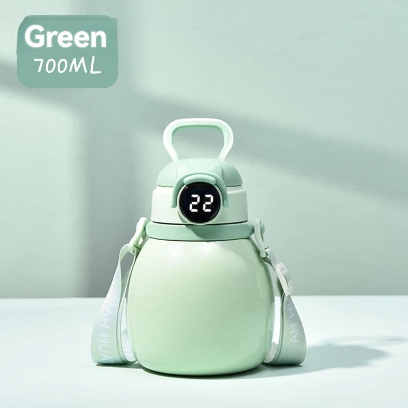 

700 мл термос с дисплеем температуры и соломинкой портативные термосы с ремешком модная милая термокружка подарок на день 700ml зелёный