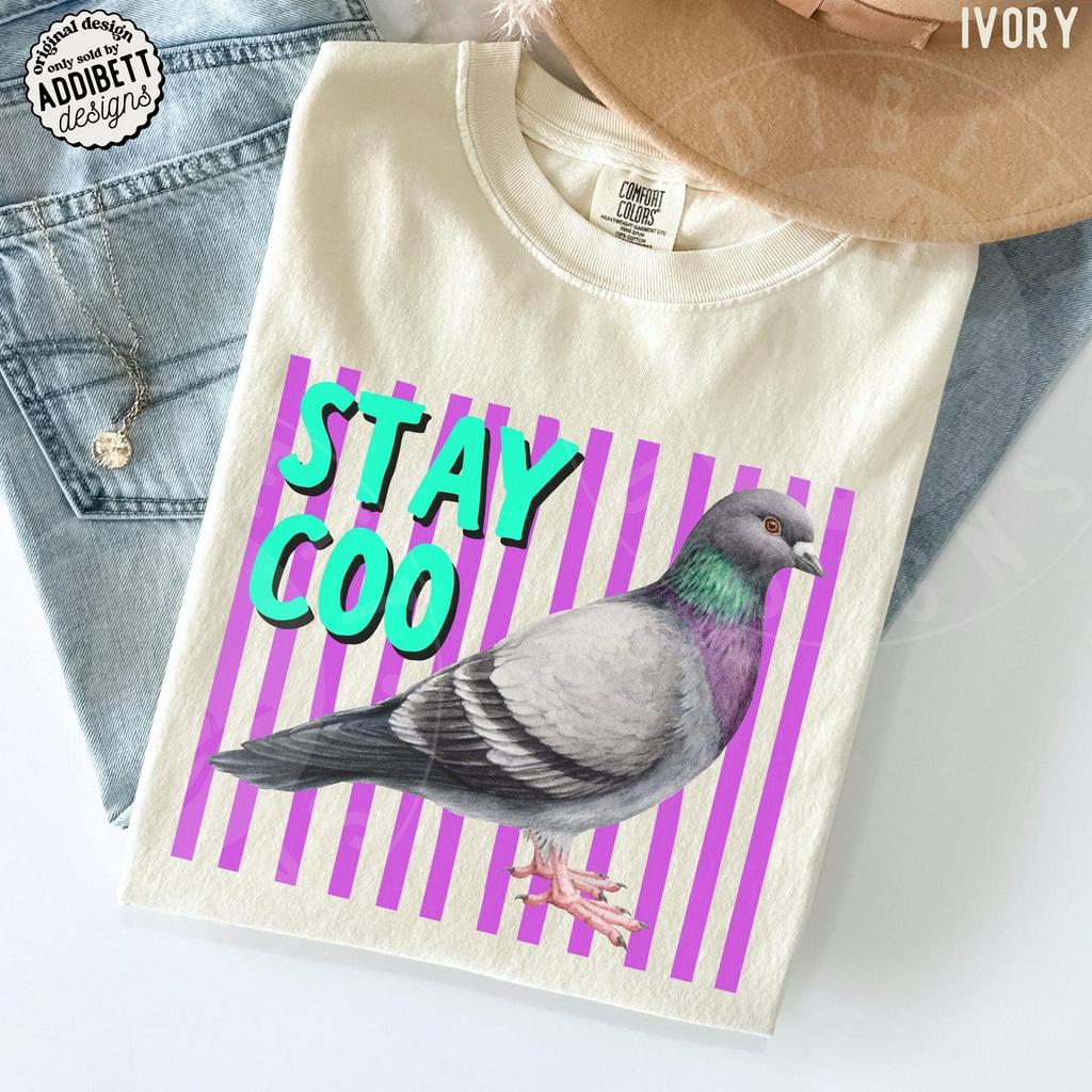 Comfort Colors 'Stay Coo' Pidgeon Shirt and kids tshirt : Trendy Striped Bold Colors Bird Lover Tee