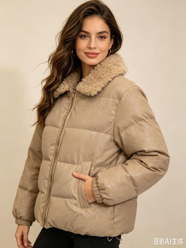 Cappotto invernale corto imbottito in cotone da donna, nuovo, ampio, stile 'pane', con ampio colletto in pelliccia, leggermente ispessito